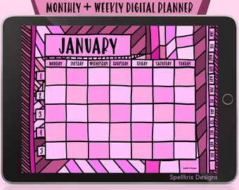 Pink Digital Planner Weekly Monthly Undated Hand Drawn Minimalist Hyperlinked PDF Goodnotes Notability Noteshelf Xodo Apps iPad Android