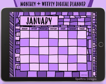 Peut inclure: Planificateur numérique violet pour janvier avec une vue mensuelle et hebdomadaire du calendrier. Le planificateur est conçu pour être utilisé avec des applications comme Goodnotes et Notability.