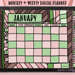 Earthy Digital Planner Weekly Monthly Undated Hand Drawn Green Minimal Hyperlinked PDF Goodnotes Notability Noteshelf Xodo Apps iPad Android