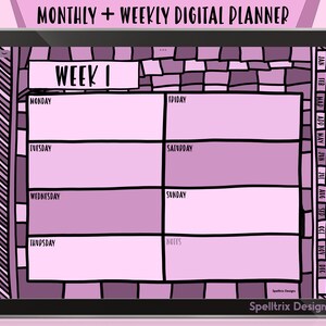 May include: A digital planner app screen with a weekly layout. The screen is pink with a purple and white mosaic pattern. The days of the week are listed in a column on the left, with a section for notes on the right. The text "WEEK I" is at the top of the screen.