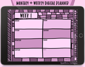 Peut inclure: L'écran d'une application de planificateur numérique avec une disposition hebdomadaire. L'écran est rose avec un motif de mosaïque violet et blanc. Les jours de la semaine sont listés dans une colonne à gauche, avec une section pour les notes à droite. Le texte "WEEK I" est en haut de l'écran.