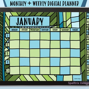 Earthy Digital Planner Weekly Monthly Undated Hand Drawn Green Minimal Hyperlinked PDF Goodnotes Notability Noteshelf Xodo Apps iPad Android