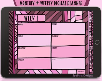 Peut inclure: Un planificateur numérique avec un design géométrique rose et brun. Le planificateur comprend une mise en page hebdomadaire avec des sections pour du lundi au dimanche, ainsi qu'une section pour les notes. Le planificateur comprend également un calendrier mensuel avec une section pour chaque mois de l'année.