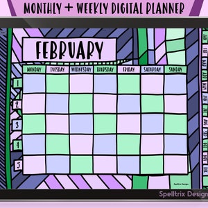 Può includere: Un planner digitale per le app Goodnotes e Notability con un calendario di febbraio colorato e un pannello laterale con collegamenti ipertestuali mensili e settimanali.
