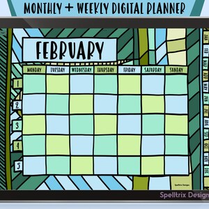 Può includere: Un planner digitale per febbraio con un design colorato in stile vetrata. Il planner include una vista mensile del calendario e una vista settimanale. Il planner è compatibile con app come Goodnotes e Notability.