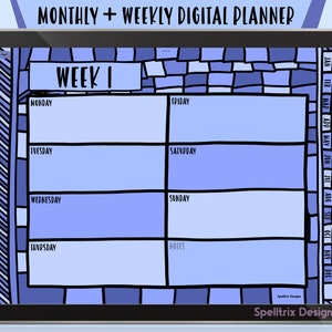 Planner digitale blu reale settimanale mensile non datato disegnato a mano minimalista con collegamenti ipertestuali PDF Goodnotes, Notability, OneNote, App, iPad, Android