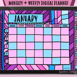 Può includere: Un planner digitale per le app Goodnotes e Notability con un design geometrico colorato. Il planner include un calendario mensile per gennaio con una vista settimanale. Il calendario è rosa, blu e viola con contorni neri.