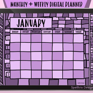 Può includere: Un planner digitale per le app Goodnotes e Notability con uno schema di colori viola e bianco. Il planner include un calendario mensile per gennaio con una vista settimanale. Il planner include anche iperlink per ogni mese.