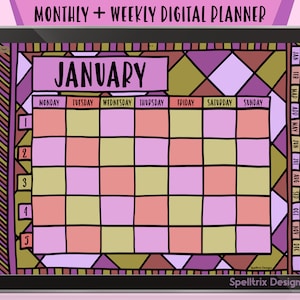 May include: A digital planner for the month of January with a stained glass design. The planner is divided into days of the week and includes a smaller calendar for the entire year. The planner is designed for use with apps like Goodnotes and Notability.