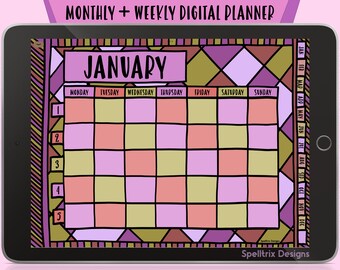 Peut inclure: Un planificateur numérique pour le mois de janvier avec un design en vitrail. Le planificateur est divisé en jours de la semaine et comprend un calendrier plus petit pour toute l'année. Le planificateur est conçu pour être utilisé avec des applications comme Goodnotes et Notability.