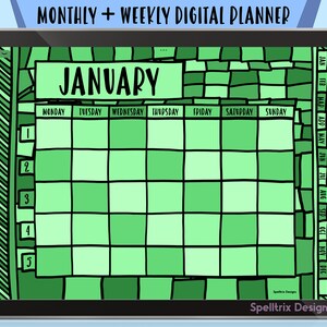 Green Digital Planner Weekly & Monthly Undated Hand Drawn Hyperlinked PDF for Goodnotes Notability Noteshelf OneNote Xodo Apps, iPad Android