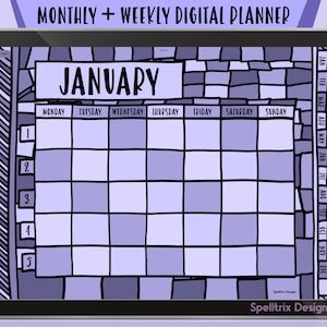 Può includere: Un planner digitale per le app Goodnotes e Notability con uno schema di colori viola e bianco. Il planner presenta un calendario mensile per gennaio con una vista settimanale. Il calendario è progettato con un motivo a mosaico e include una barra laterale con i mesi dell'anno.