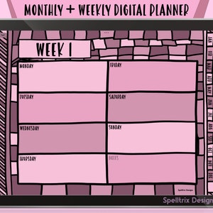 Può includere: Un planner digitale con uno schema di colori rosa e viola. Il planner include una vista settimanale con i giorni della settimana etichettati e una vista mensile con i mesi dell'anno etichettati. Il planner è progettato per l'uso con app come Goodnotes e Notability.