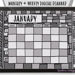 May include: A black and white digital planner for January with a mosaic background. The planner is designed for use with apps like Goodnotes and Notability. It includes monthly and weekly views with hyperlinks.