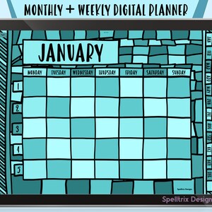 Turquoise Digital Planner Weekly & Monthly Undated Green Hand Drawn Minimalist Hyperlinked PDF, Goodnotes, Notability, Apps, iPad, Android