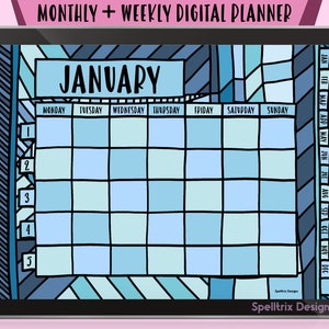 Aqua Digital Planner Weekly Monthly Undated Hand Drawn Blue Minimal Hyperlinked PDF Goodnotes Notability Noteshelf Xodo Apps iPad Android
