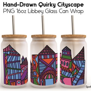 Quirky Cityscape 16oz Libbey Glass Can Wrap / Beer Can - Hand Drawn Illustration, Transparent PNG Format - DIGITAL DOWNLOAD