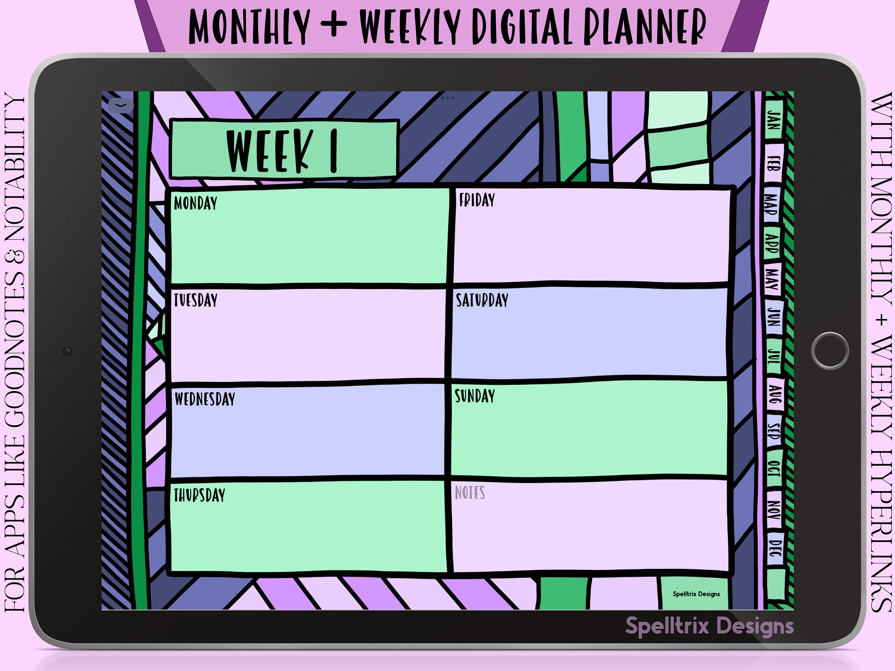 Study Digital Planner Weekly & Monthly Undated Hand Drawn Purple ...