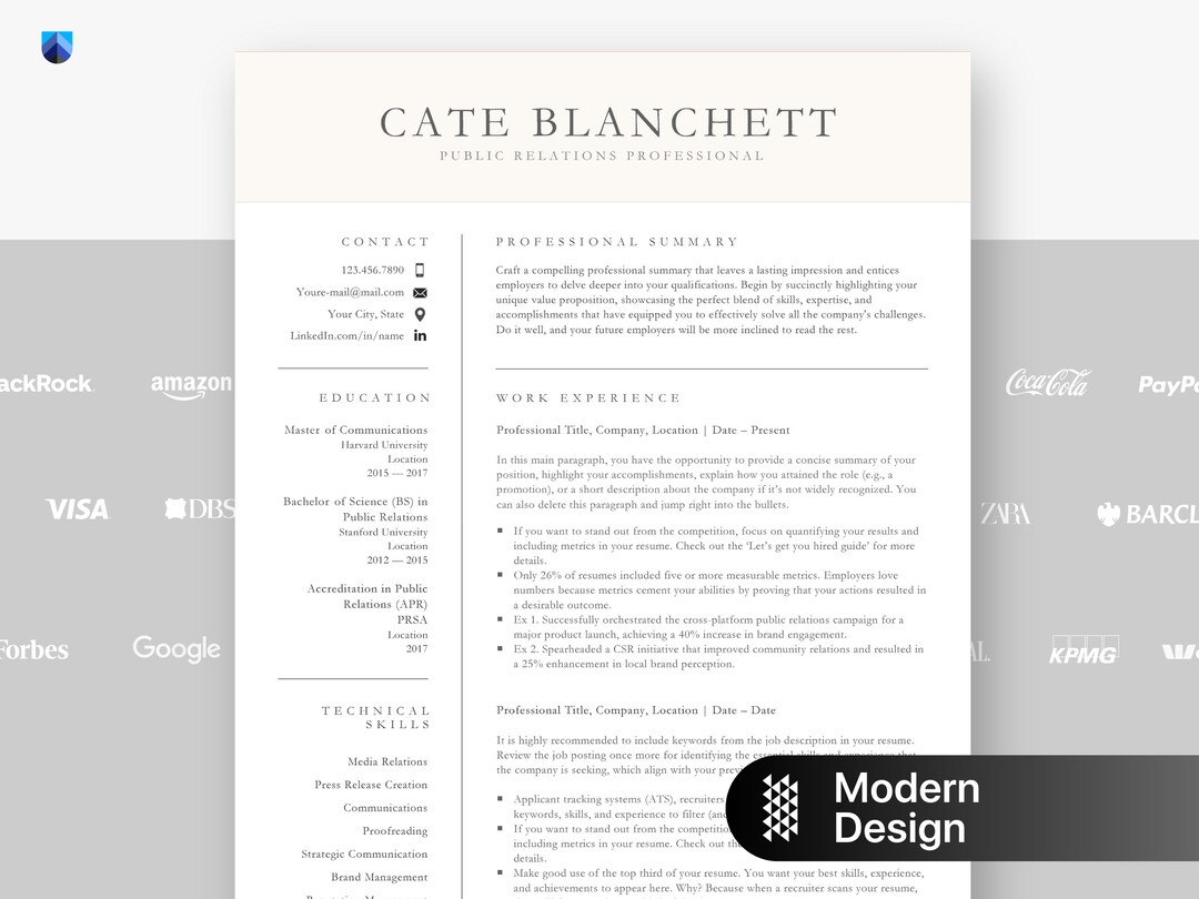 Modern Resume Template for Google Docs, Word and Apple Pages Resume, 1 ...