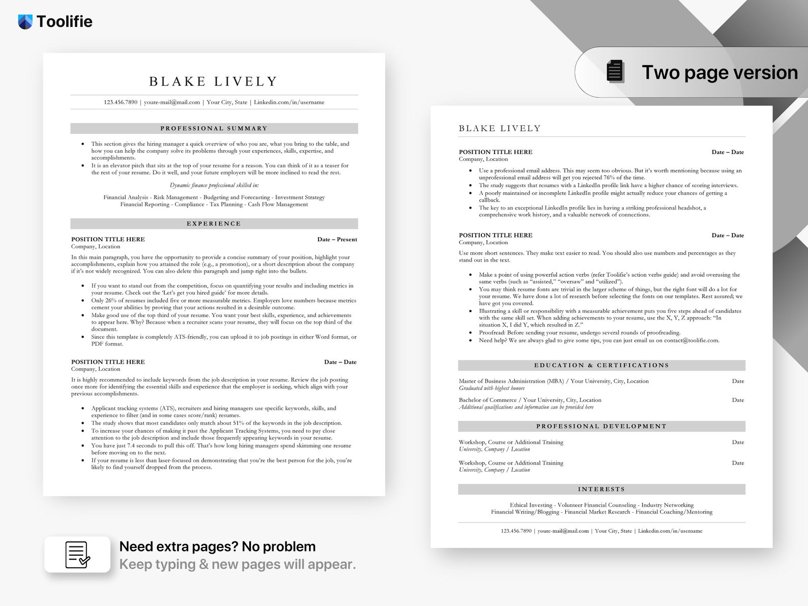 ATS Friendly Resume Template for Microsoft Word and Google Docs, Cover ...