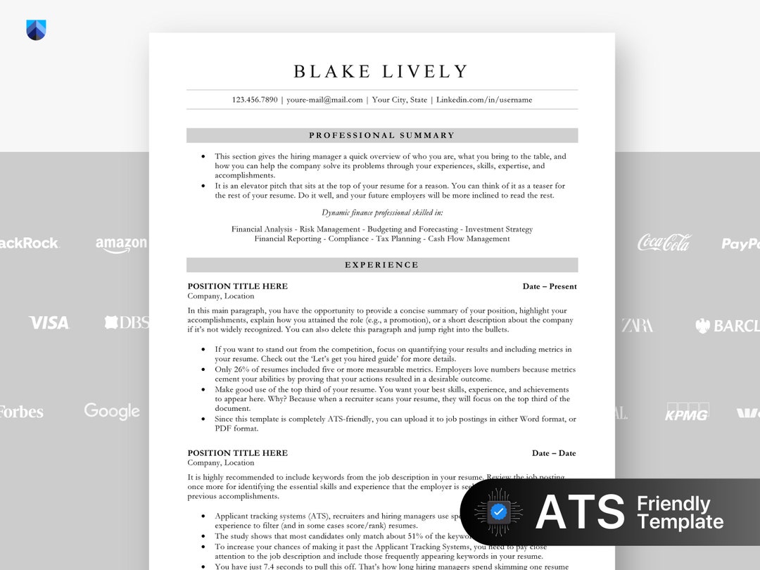 ATS Friendly Resume Template for Microsoft Word and Google Docs, Cover ...