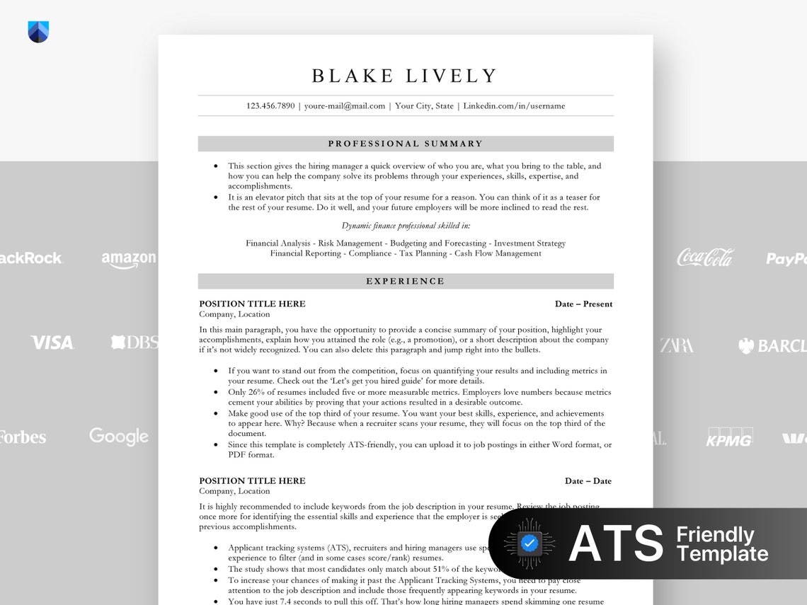 ATS Friendly Resume Template for Microsoft Word and Google Docs, Cover