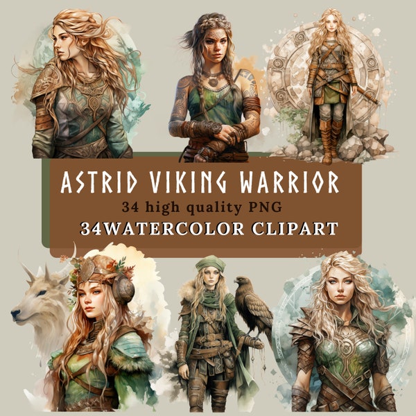 Set of 34 Astrid Viking Warrior clipart, EmpoweringArt, custome character, PNG, Watercolor Characters, Digital Download, Sublimation PNG,