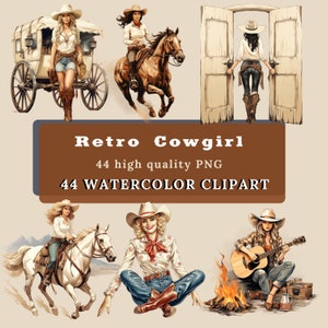 May include: A set of 44 watercolor clipart images featuring retro cowgirls in various poses. The images include cowgirls riding horses, playing guitar, and standing in doorways. The images are in a vintage style with a watercolor effect.