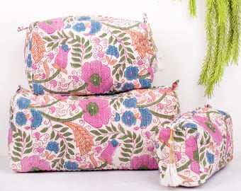 Set Of 3 Pieces Quilted Makeup Bag Set Eco-friendly Cotton Wash Bag Sustainable Block Printed Cosmetic Bag Women Toiletry Storage Set