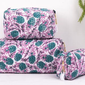 Set di borse per il trucco trapuntate fatte a mano, borsa da bagno ecologica in cotone, set di articoli da toeletta da donna con stampa a blocchi sostenibili, set di 3 pezzi