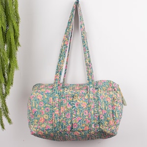 Sac de sport matelassé en coton respectueux de l'environnement, fait main, indien, bloc imprimé, femme, sac à bandoulière, shopping, voyage de nuit, durable, sac de sport