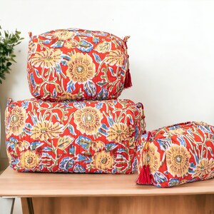 Lot de 3 trousses de maquillage matelassées, trousse de toilette en coton écologique, imprimé durable, trousse de rangement pour femmes, trousses à cosmétiques