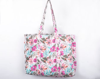 Handmade Cotton Quilted Tote Bag: Reversible Floral Print, Large Shoulder Bag