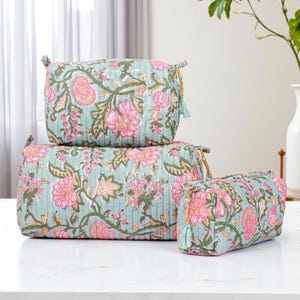 3 Pieces Handmade Quilted Makeup Bag Set: Block Print Cotton Toiletry & Cosmetic Organizer