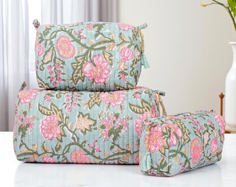3 Pieces Handmade Quilted Makeup Bag Set: Block Print Cotton Toiletry & Cosmetic Organizer