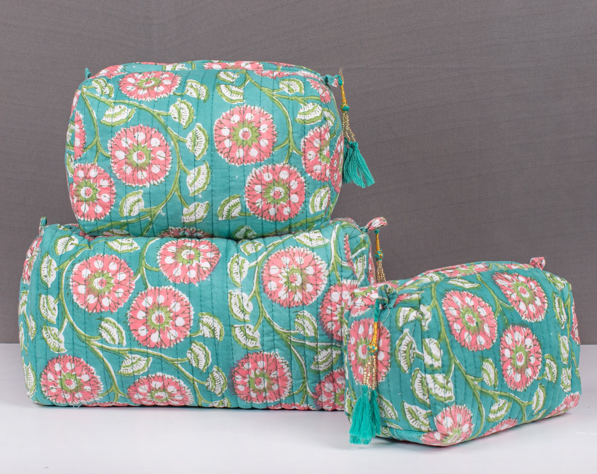 Cotton Quilted Wash Bags,toiletry Bags, Block Printed White Floral