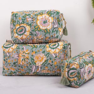 3-teiliges handgefertigtes gestepptes Baumwoll-Make-up-Taschenset, Damen-Kulturbeutel, Blockprint-Kosmetiktaschenset