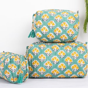 3-teiliges Set Gesteppte Make-up-Taschenset Umweltfreundliche Baumwollwaschtasche Block Gedruckt Frauen Toilettenartikel Aufbewahrungsset