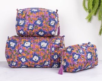 3 Pieces Cotton Quilted Makeup Bag Set for Women, Handmade Toiletry Bag, Travel Essentials