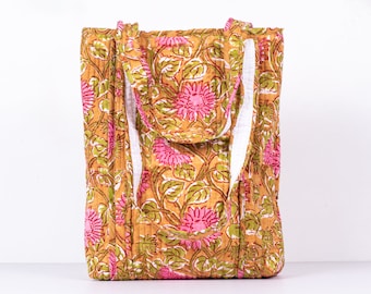 Indian Cotton Block Printed Handmade Quilted Tote Bag Women Shopping, Beach, Gift Bag