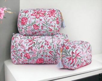 Set of 3 Pieces Women Pouch Quilted Makeup Bag Set Handmade Eco-friendly Cotton Wash Bag Sustainable Indian Block Printed Toiletry Bag Set