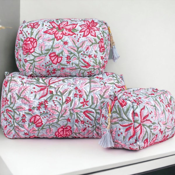 Set of 3 Pieces Women Pouch Quilted Makeup Bag Set Handmade Eco-friendly Cotton Wash Bag Sustainable Indian Block Printed Toiletry Bag Set