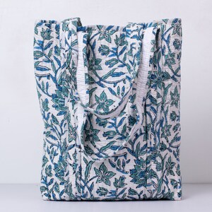 Indian Block Print Quilted Tote Bag: Handmade Cotton Travel Bag