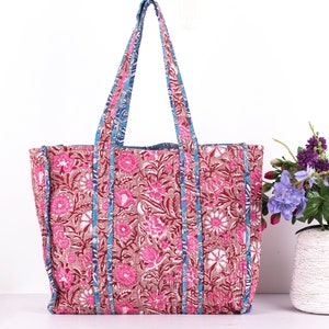 Sac fourre-tout matelassé fait main, grand sac à bandoulière en coton, sac cabas réversible, fourre-tout pour femme, fabrication artisanale