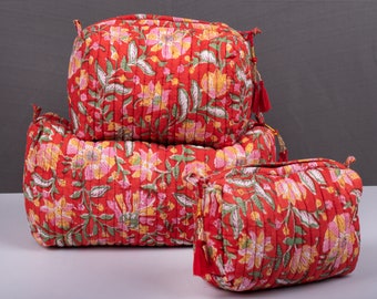 Set of 3 Pieces Indian Handmade Women Quilted Makeup Bag Set Eco-friendly Cotton Wash Bag Sustainable Printed Toiletry Bag Set