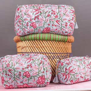 Set of 3 Pieces Women Pouch Quilted Makeup Bag Set Handmade Eco-friendly Cotton Wash Bag Sustainable Indian Block Printed Toiletry Bag Set image 3