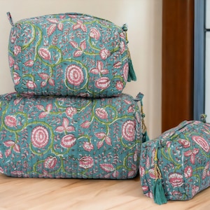 Set di borse per il trucco in cotone per donna - Borse cosmetiche eleganti - Set da toeletta da viaggio da 3 pezzi