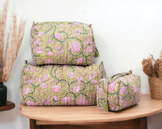 Handmade Quilted Makeup Bag Set: Indian Block Print Cotton Toiletry Bags