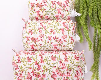 Hand Block Printed Quilted Cotton Makeup Bag Set (3 pcs): Travel Cosmetic & Toiletry Organizer