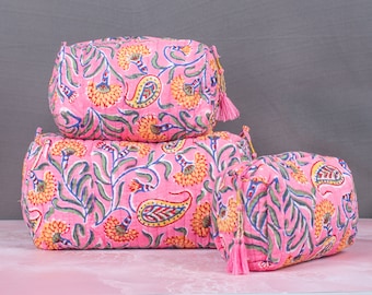 3 PCS Set Of Women Pouch Quilted Makeup Bag Set Handmade Eco-friendly Cotton Wash Bag Sustainable Indian Hand Block Printed Toiletry Bag Set